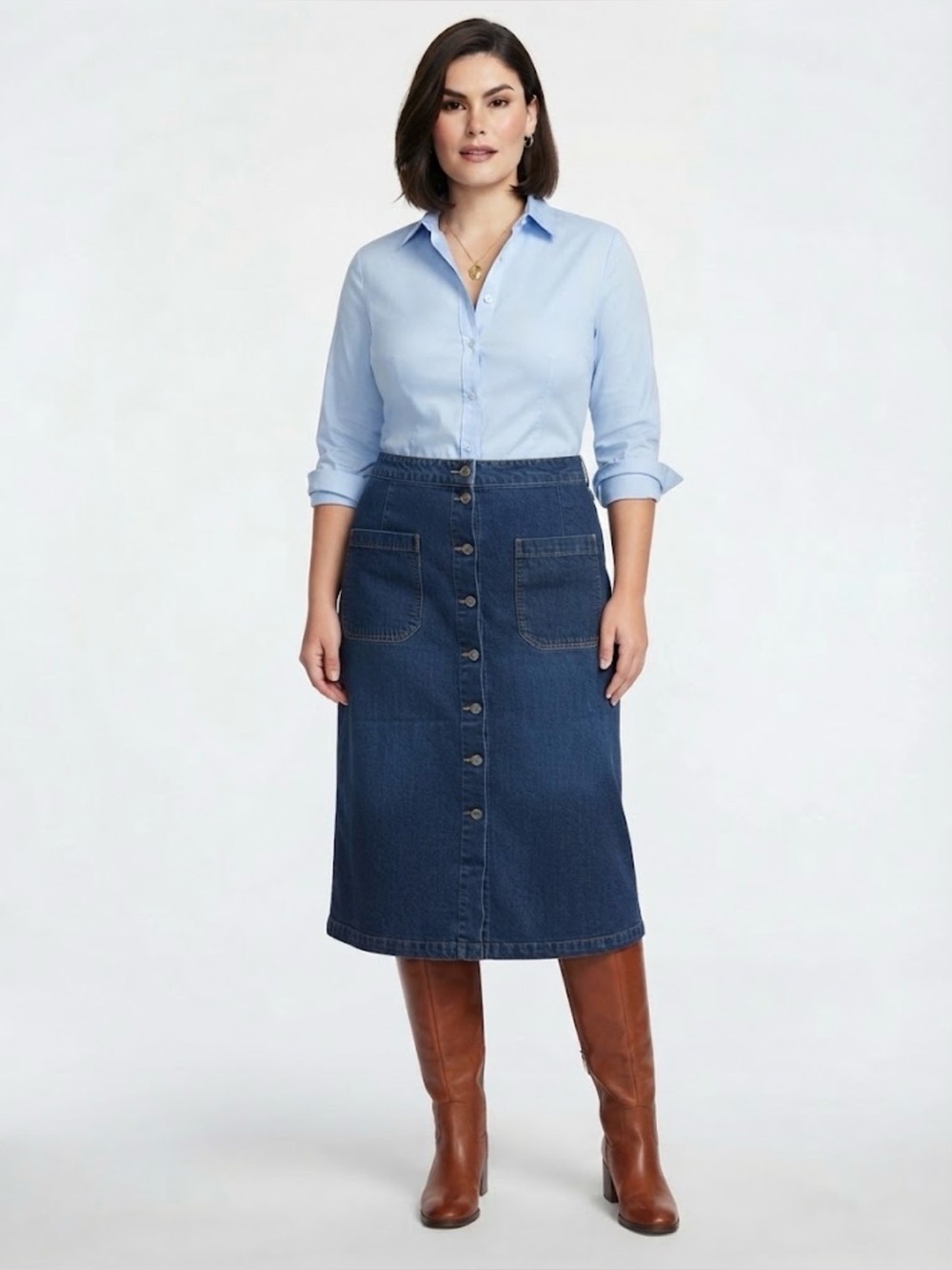 Marc New York Button Front Dark Wash Denim Midi Skirt Size 16 Patch Pockets